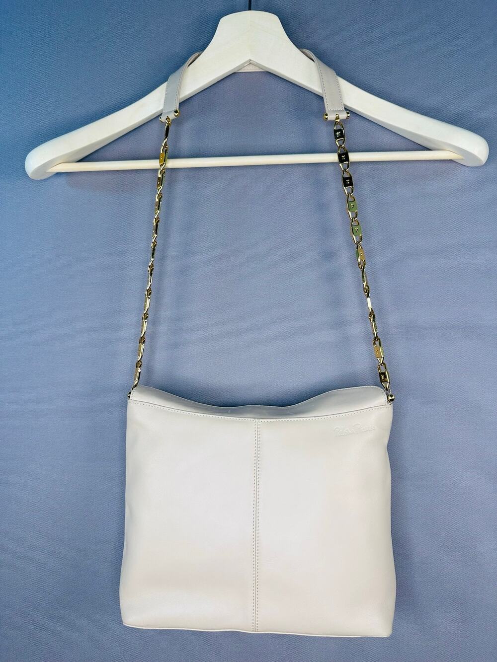 Vintage 1990’s Paloma Picasso Ivory Leather Shoulder Bag with Chain “X” Strap